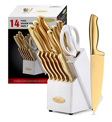 Knife Set-Marco Almond® MA21 Luxury Golden,Titanium Coated 14 Pieces Stainless Steel Hollow Handle Gold Kitchen Knife Set with Block by White Wash Finish Wood