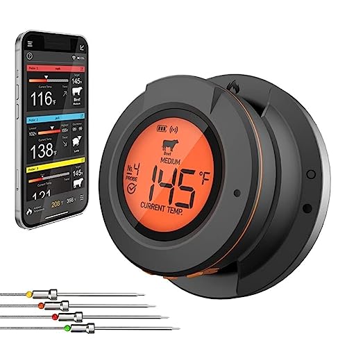 Kt Thermo Digital Meat Thermometer for Grilling with 4 Probes, pre-Programmed Settings app for iOS & Android,6 Languages for Convenient Operation (4 Cooking Probes)