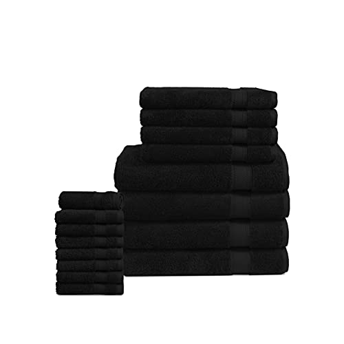 LANE LINEN 16 Piece Bath Towels - Black Towels 100% Cotton for Bathroom Luxury Absorbent Towel Set Super Soft 4 Hand and 8 Wash Cloths Pack of