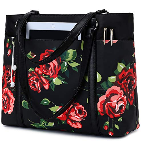 Laptop Tote Bag Womens Work Bags Purse Floral Teacher Handbag Shoulder Bag fit 15.6 in laptop (Black - Rose)
