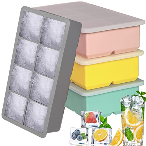 Large Ice Cube Trays for Cocktails, NueZoo 4 Pack Silicone Big Ice Cube Mold with Lids for Whiskey, Square 8 Cavity Ice Cube Maker for Freezer, Easy Release and Flexible