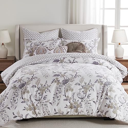 Levtex Home - Pisa Duvet Cover Set - King Duvet Cover + Two King Pillow Cases - Floral Contemporary Peacock - Grey and Taupe - Duvet Cover (106 x 94in.) and Pillow Case (36 x 20in.) - Cotton