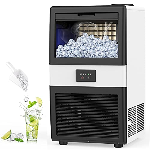 LifePlus Ice Maker Commercial - 70lbs/24H Ice Machine 32 Ice Cubes in 11-20 Minutes, Freestanding Cabinet Ice Maker with 13 Lbs Storage Bin, 2 Ways Add Water for Bar Home Office Restaurant