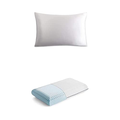 Linenspa Ventilated Gel Memory Foam Pillow + Mulberry Silk Pillowcase – Standard Pillow – Gray Silk Pillowcase