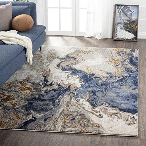 LUXE WEAVERS Marble Collection Blue Area Rug 8x10 Modern Abstract Swirl Design Non-Shedding Carpet, 8' x 10'