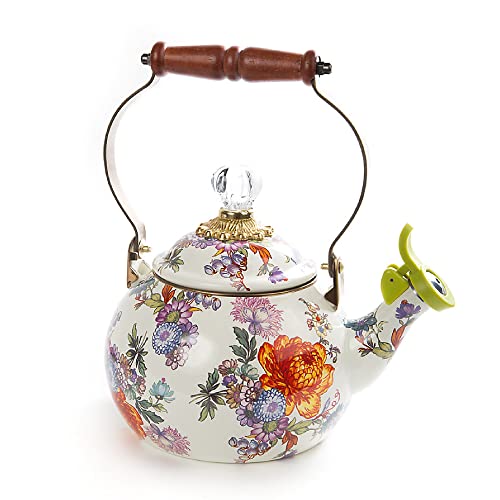 MacKenzie-Childs Flower Market Enamel Whistling Tea Kettle, Decorative Tea Kettle, White