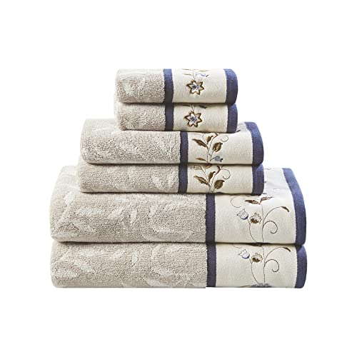 Madison Park Serene 100% Cotton Bath Towel Set Luxurious Floral Embroidered Cotton Jacquard Design, Soft and Highly Absorbent for Shower, Multi-Sizes, Navy