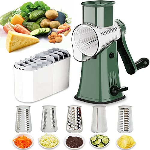 Manual Rotary Cheese Grater Grinder- 5 Interchangeable Blades Round Mandoline Vegetable Slicer Drum Shredder Nut Chopper with Strong Suction Base