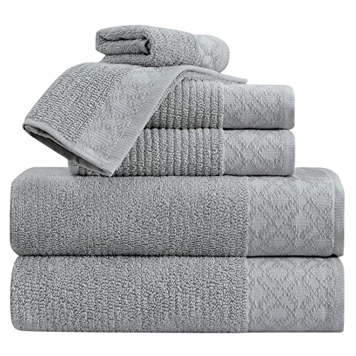 Market & Place 100% Turkish Cotton Luxury Towel Set | Super Soft and Highly Absorbent | Textured Dobby Border | 550 GSM | 2 Bath Towels, 2 Hand Towels, & 2 Washcloths | Nitra Collection (Light Grey)