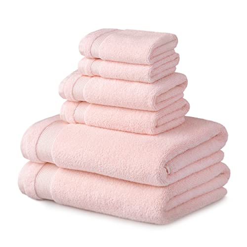 MARTHA STEWART Cotton Bath Towels Set - 6 Piece, 2 Bath Towels - 2 Hand Towels - 2 Washcloths, Quick Dry, Plush, Absorbent Bathroom Towels, Bathroom Essentials, MADE IN GREEN Certified, Blush Pink
