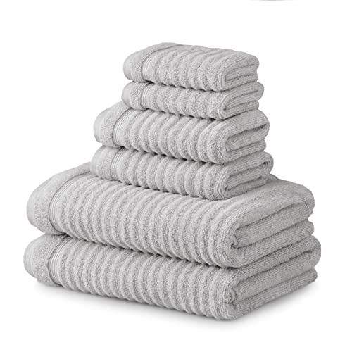 MARTHA STEWART Cotton Bath Towels Set - 6 Piece, 2 Bath Towels - 2 Hand Towels - 2 Washcloths, Quick Dry, Plush, Absorbent Bathroom Towels, Bathroom Essentials, MADE IN GREEN Certified, Textured Gray