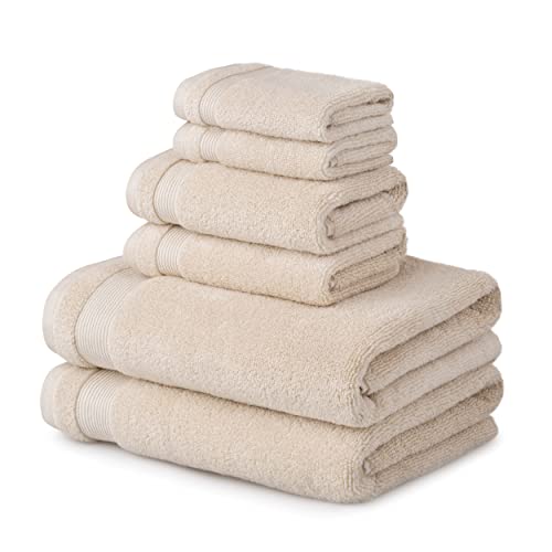 MARTHA STEWART Cotton Bath Towels Set - 6 Piece, 2 Bath Towels - 2 Hand Towels - 2 Washcloths, Quick Dry, Plush, Absorbent Bathroom Towels, Bathroom Essentials, MADE IN GREEN Certified, Beige
