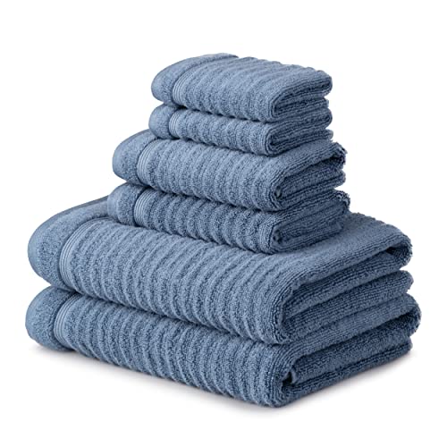 MARTHA STEWART Cotton Bath Towels Set - 6 Piece, 2 Bath Towels - 2 Hand Towels - 2 Washcloths, Quick Dry, Plush, Absorbent Bathroom Towels, Bathroom Essentials, MADE IN GREEN Certified, Textured Blue