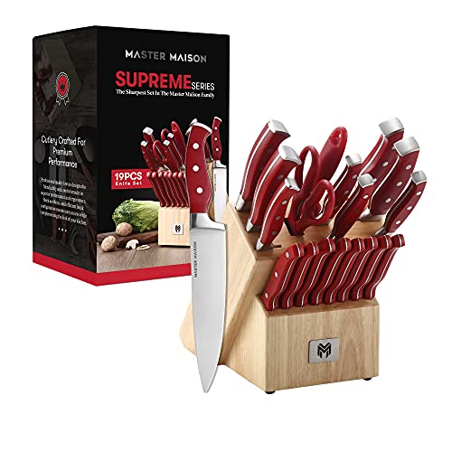 Master Maison 19-Piece Premium Kitchen Knife Set With Block German Stainless Steel Knives With Knife Sharpener & 8 Steak Knives (Red)