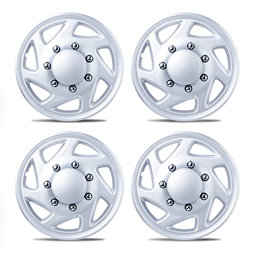 Mayde 16-Inch Hub Caps fits 1995-2019 Ford Van, Replacement Wheel Covers (Set of 4, Silver with Chrome Lug Covers)