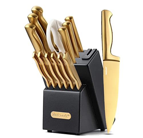 McCook® MC21GB Knife Sets,15 Pieces Luxury Golden Titanium Kitchen Knife Block Sets with Built-in Sharpener