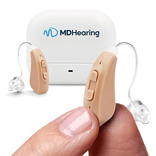 MDHearingAid AIR Hearing Aid (Pair), OTC Rechargeable, Crystal-clear Digital Sound by MDHearing, Perfect for Glasses, Nearly Invisible
