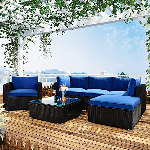 Merax Patio Furniture Sets Outdoor, PE Wicker Conversation Sectional Sofa with Glass Table, 6-Piece, Blue