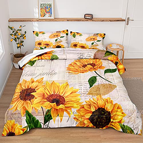 Merryword Sunflower Comforter Set Queen Size Vintage Sunflower Comforter Set Retro Sunflowers Printed Yellow Flower Bedding Sets 1 Comforter 2 Pillowcases (Queen, Letter Sunflower)