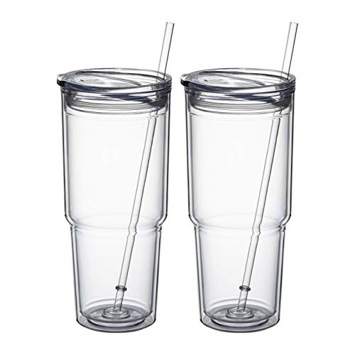 MEWAY 30oz/2 pcs Classic Insulated Tumblers,Double Wall Acrylic Tumbler with Lid，Reusable Plastic Insulated Tumblers with Straw，for cold drinks, sand ice, whatever you like(transparent,2 pack)
