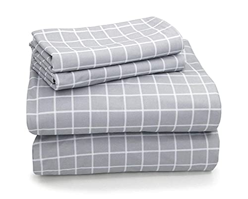 Microfiber Flannel Sheet Set---Ultra Soft & Comfortable Printed 4 Pieces Sheet, Breathable & Luxury Warm Bedding Collection, Fade Resistant & Easy Care(Queen, Gray Grid)