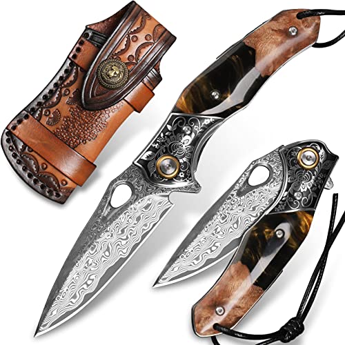 Minowe handmade Japan Damascus steel pocket knife，3.1" VG10 blade men and women Folding knife，With holster，Lining lock，resin and Maple handle，Suitable for EDC outdoor camping，go fishing hunting