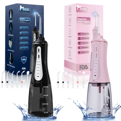 MOCEL Water Dental Flosser Oral Irrigator with 5 Modes, 350ml Cordless Water Teeth Cleaner Pick 6 Tips, IPX7 Waterproof Portable Powerful Battery for Travel & Home Braces & Bridges Care