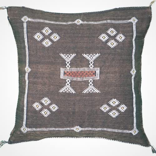 Moroccan Pillow Cover 20x20 - Brown Cactus Silk Sabra Throw Pillow - Handwoven Decorative Linen Pillow from Morocco for Farmhouse Living Room Bedroom