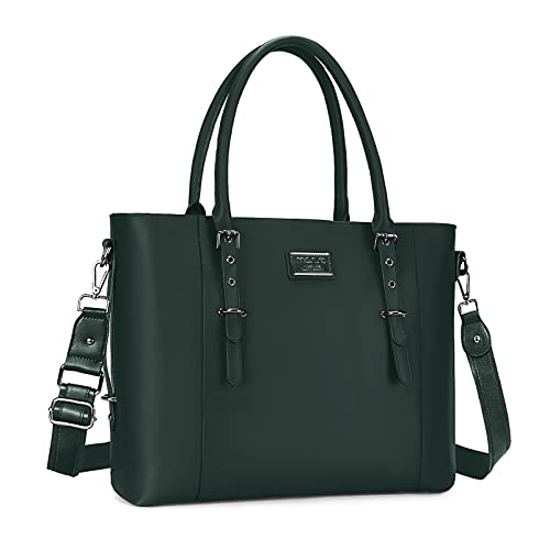 MOSISO PU Leather Laptop Tote Bag for Women (15-16 inch), Midnight Green