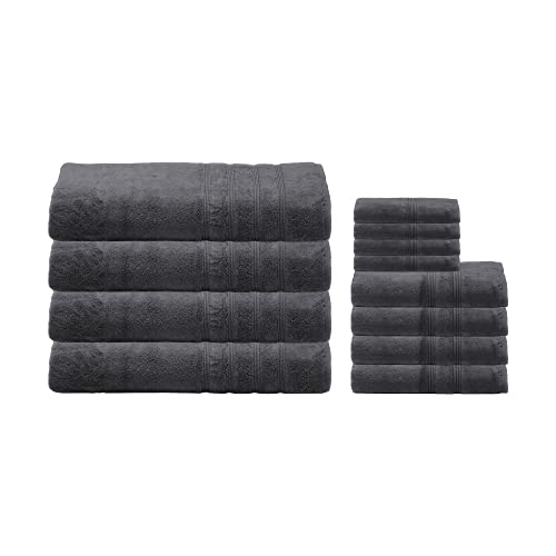 Mosobam 700 GSM Luxury Bamboo Viscose 12pc Extra Large Bathroom Set, Charcoal Grey, 4 Bath Towels Sheets 35X70 4 Hand Towels 16X30 4 Face Washcloths 13X13, Turkish Towel Sets, Quick Dry, Dark Gray