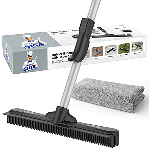 MR.SIGA Pet Hair Removal Rubber Broom with Built in Squeegee, 3 in 1 Floor Brush for Carpet, 62 inch Adjustable Handle, Includes One Microfiber Cloth for Floor Dusting