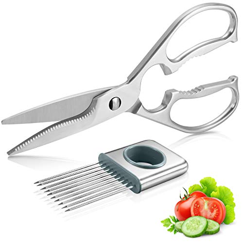 Multipurpose Kitchen Shears by WELLSTAR, Come Apart Heavy Duty German Stainless Steel Food Scissors for Cutting Meat Poultry Chicken Vegetable, Plus Handy Onion Slicing Holder, Gift Box Pack