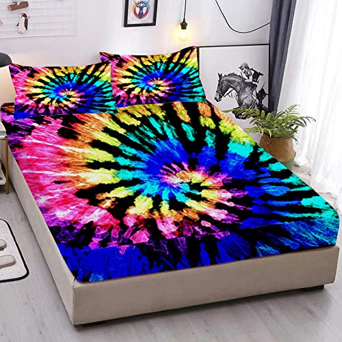 MUSOLEI Tie Dye Girls Sheet Set 3D Rainbow Full Bedding Set 3PCS Boho Hippie 1 Deep Pocket Fitted Sheet with 2 Pillowcases Wrinkle Free Cozy Microfiber(02,Full)