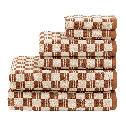 Nate Home by Nate Berkus 100% Cotton Jacquard Soft and Absorbent 6-Piece Towel Set | 2 Bath Towels, Hand Towels, and Washcloths, Geometric Pattern from mDesign, Set/6, Sienna/Parchment (Brown)
