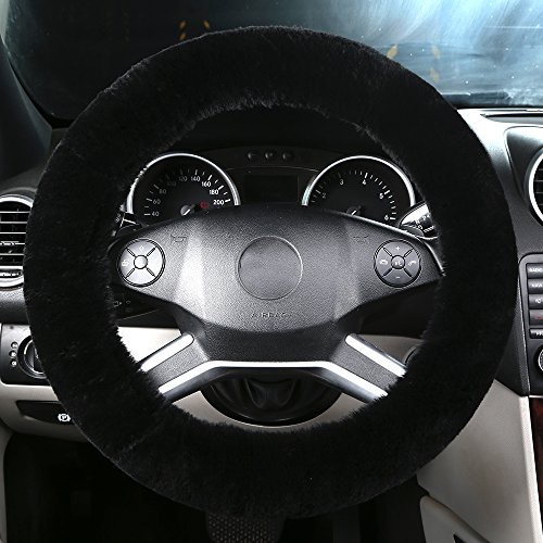 Natural Fur Wool Sheepskin Fuzzy Black car Steering Wheel Cover, Fluffy Soft Protector for Universal Steering Wheel 14 1/2-15 1/2inch, Anti-Slip,Comforting and Luxurious, Soft Texture (Black)