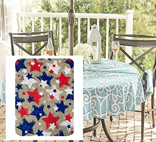 Newbridge Burlap Patriotic Stars Indoor Outdoor Fabric Tablecloth, Summer Rustic American Print Spill Proof and Stain Resistant Fabric Tablecloth, 70 Inch Zippered Umbrella Round