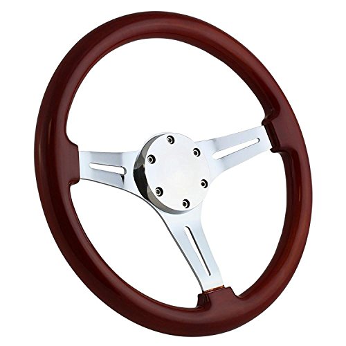 Newworldmotoring 350mm Chrome Marine Boat Steering Wheel with Mahagony Wood Grip and Horn Cover Plate