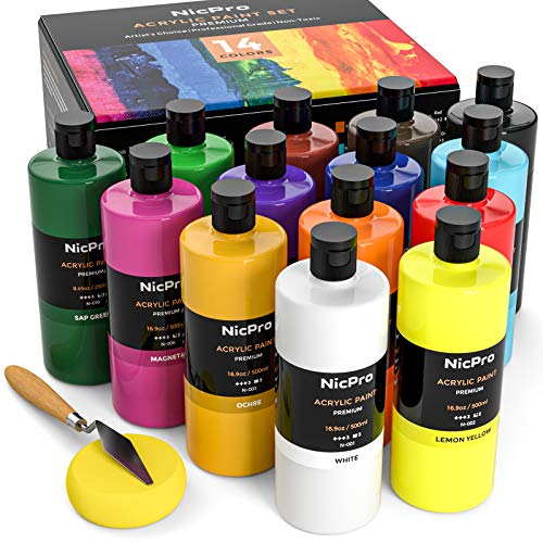 Nicpro 14 Colors Large Bulk Acrylic Paint Set (16.9 oz,500 ml) Rich Art Painting Supplies, Non Toxic for Multi Surface Canvas Wood Leather Fabric Stone Craft, for Kid & Adult with Color Wheel