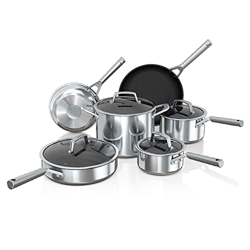 Ninja C69500 Foodi NeverStick Stainless 10-Piece Cookware Set with Glass Lids, Polished Stainless-Steel Exterior, Nonstick, Durable & Oven Safe to 500°F, Silver