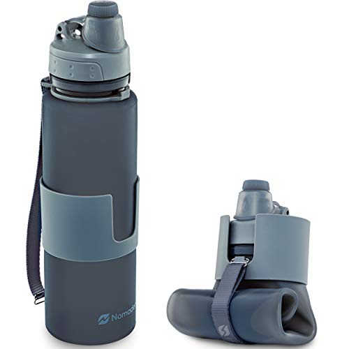 Nomader BPA Free Collapsible Sports Water Bottle - Foldable with Reusable Leak Proof Twist Cap for Gym Travel Hiking Camping and Outdoors - 22 oz (Gray)