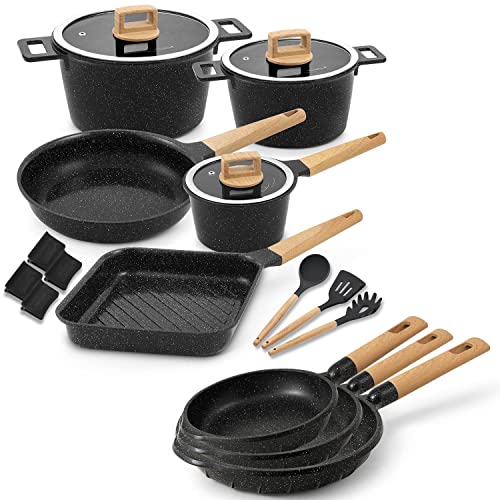 Non stick induction cookware set 13pcs with cooking utensils-Black& 7.9inch+10.2inch+11inch Nonstick induction fry pan-Black