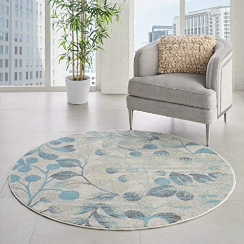 Nourison Tranquil Nature Ivory/Turquoise 5'3" x ROUND Area -Rug, Easy -Cleaning, Non Shedding, Bed Room, Living Room, Dining Room, Kitchen (5 Round)