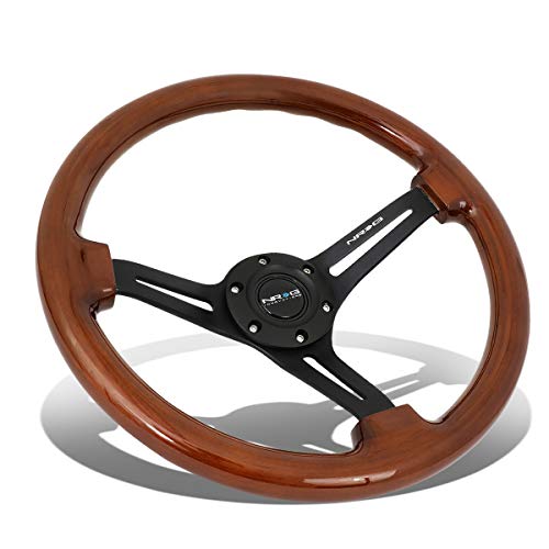 NRG ReinReplacement forced RST-018BR-BK 350mm 3" Deep Dish Matte Black Spoke Brown Wood Grip Steering Wheel
