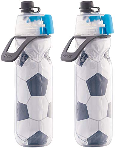 O2COOL Mist 'N Sip Misting Water Bottle 2-in-1 Mist And Sip Function With No Leak Pull Top Spout Sports Water Bottle Reusable Water Bottle - 20 oz (2 Pack Soccer)