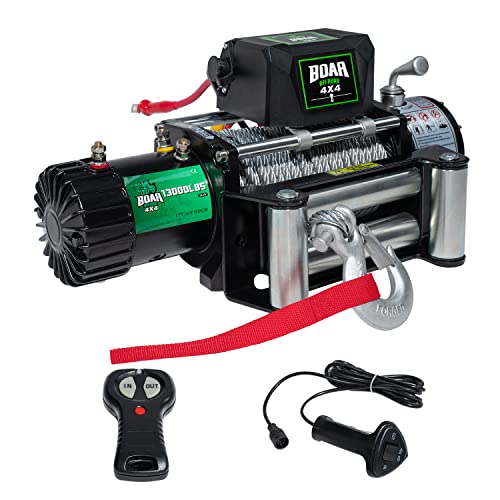 OFF ROAD BOAR Waterproof IP67 Steel Electric Towing Winch Kit, 12V 6hp Motor w/ 13000 Pound Max, Remote & Wired Control, 85Ft Cable, 265:1 Gear Ratio