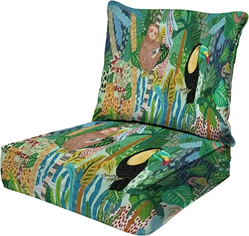 OPNERLKNC Outdoor Indoor Patio Deep Seat Cushions Abstract Jungle Illustrations Animals Sloth Snake Leopard Parrot Poolside Lounge Chair Cushions for Furniture Replacement Seating Cushion