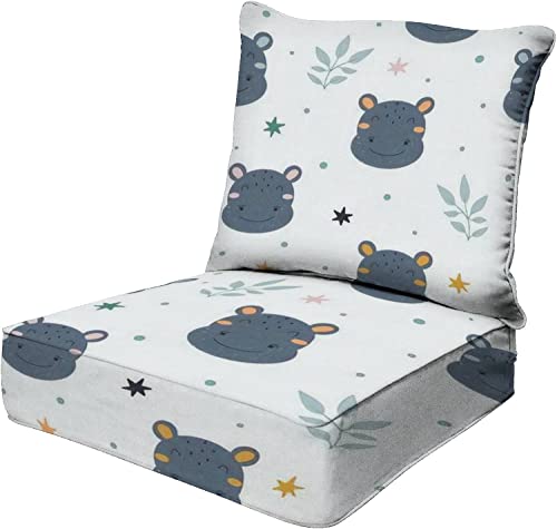 OPNERLKNC Outdoor Indoor Patio Deep Seat Cushions Cute Childish Seamless Adorable Hippo Character Abstract Elements Poolside Lounge Chair Cushions for Furniture Replacement Seating Cushion