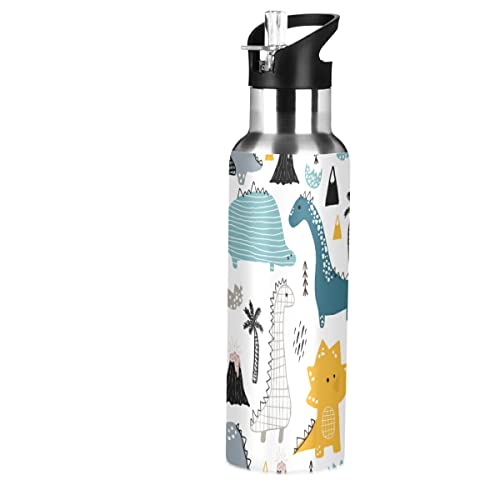 OREZI Dino Scandinavian Style Water Bottle Thermos with Straw Lid for Boys Girls,600 ml,Leakproof Stainless-Steel Sports Bottle for Women Men Teenage