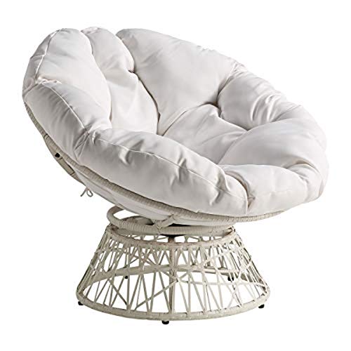 OSP Home Furnishings Wicker Papasan Chair with 360-Degree Swivel, Large, White Frame with White Cushion