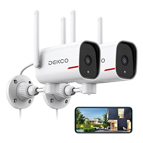 Outdoor Security Camera - DEKCO 2K Pan Rotating 180° Wired WiFi Cameras for Home Security with Two-Way Audio, Night Vision, 2.4G Wifi, IP65, Motion Detection Alarm (2 Pack)